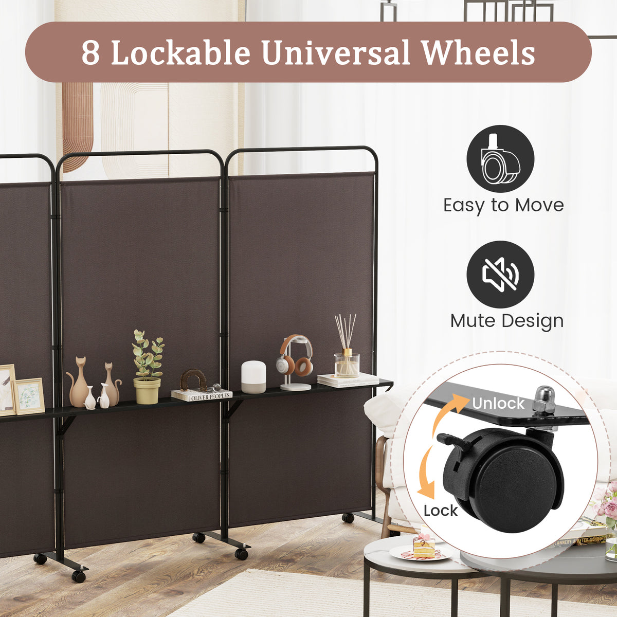 3 Panel Room Divider with Storage Shelves, 6FT Folding Privacy Screen with Lockable Wheels