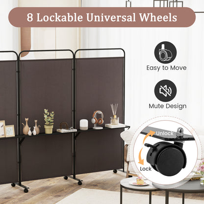 3 Panel Room Divider with Storage Shelves, 6FT Folding Privacy Screen with Lockable Wheels