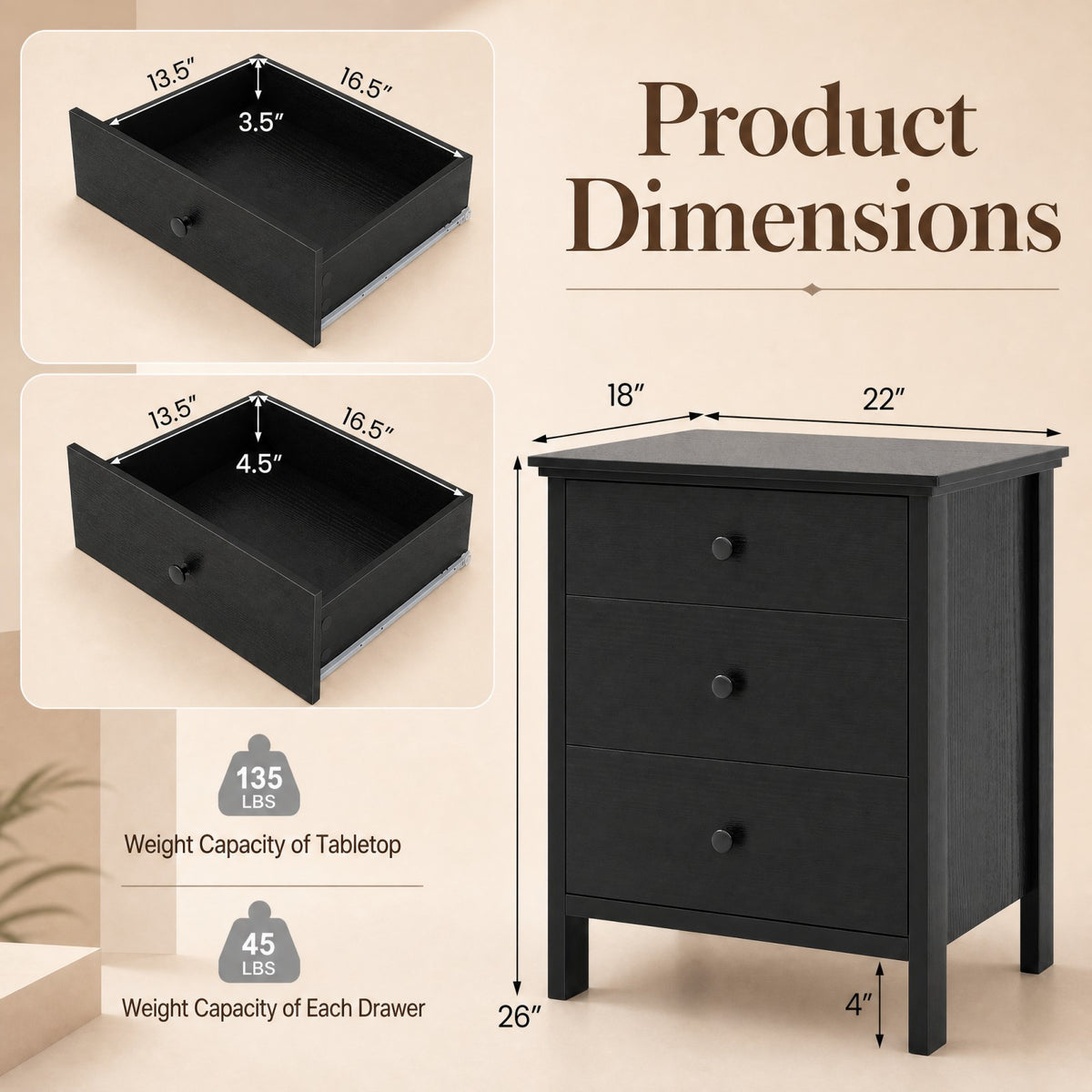 Goflame Modern 3-Drawer Nightstand Wooden Bedside Table