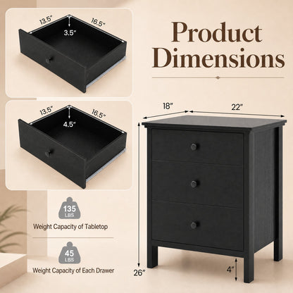 Goflame Modern 3-Drawer Nightstand Wooden Bedside Table