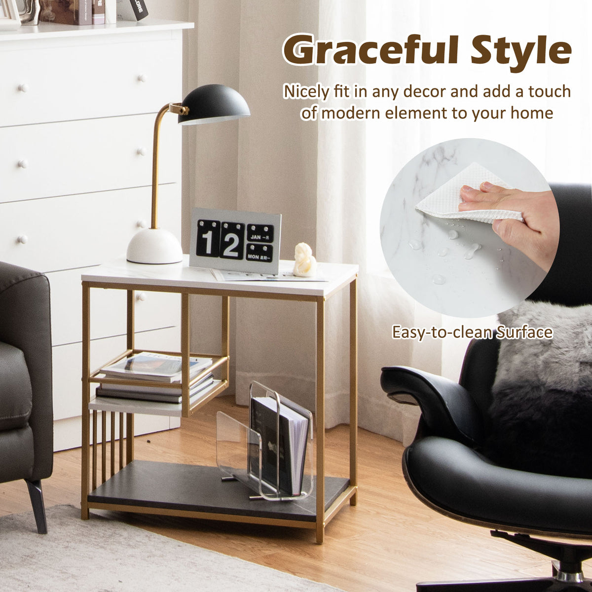 Faux Marble End Table, 3-Tier Sofa Side Table with Storage Shelves, Golden Polished Steel Frame