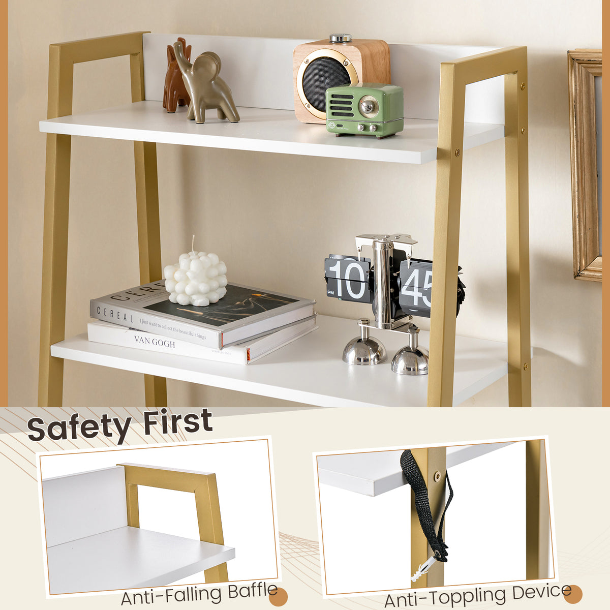 Vanity Table Set with Flip Top Mirror, Ladder Vanity Desk and Cushioned Stool Set with Shelves and Hidden Storage Compartments
