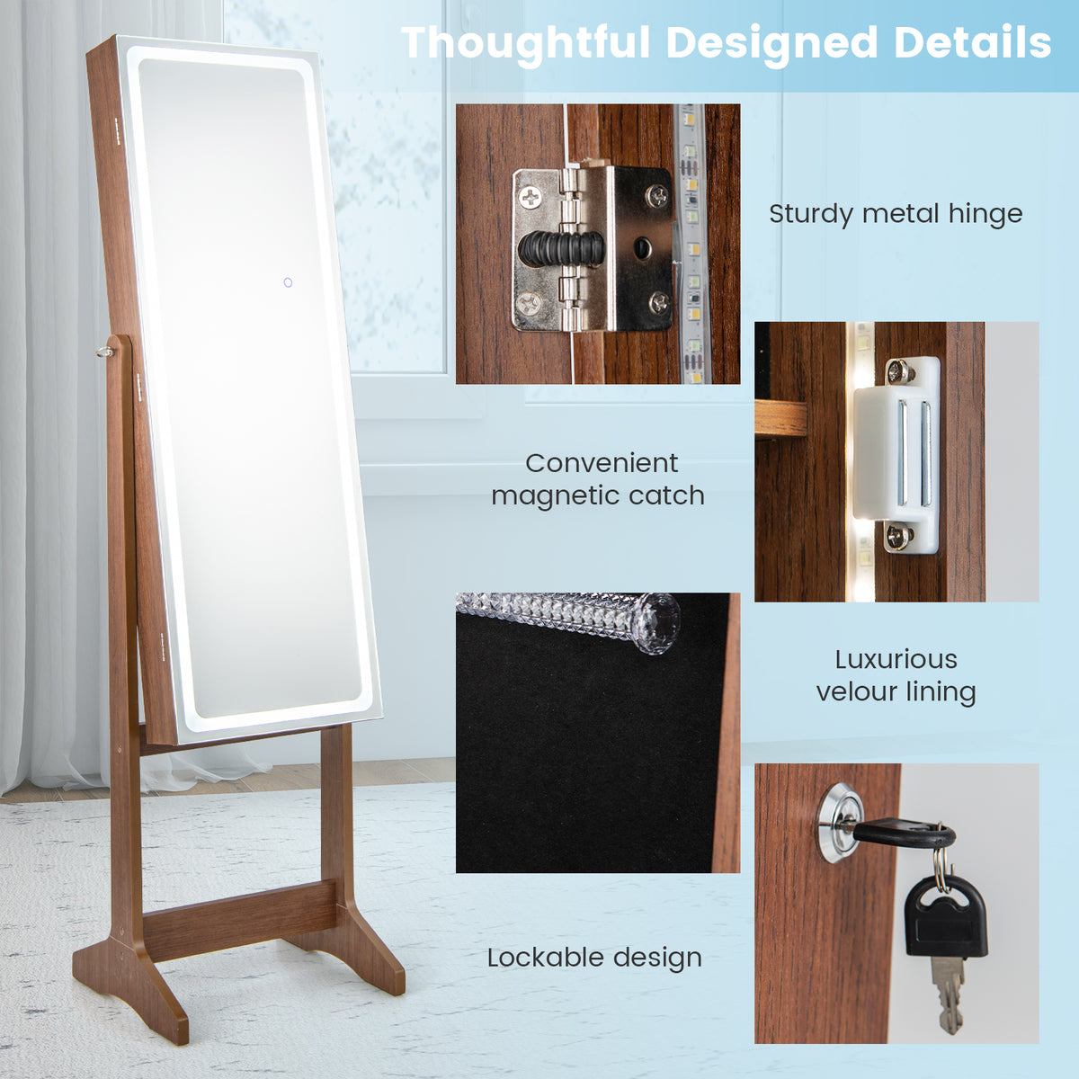 Jewelry Cabinet Armoire with Full Length Mirror, Freestanding Jewelry Cabinet with 3-Color LED Lights