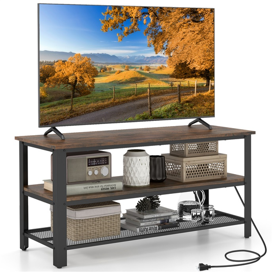 Industrial TV Stand for TV up to 50 Inch, 3-Tier Rustic Entertainment Center with Power Outlets and Heavy-Duty Metal Frame