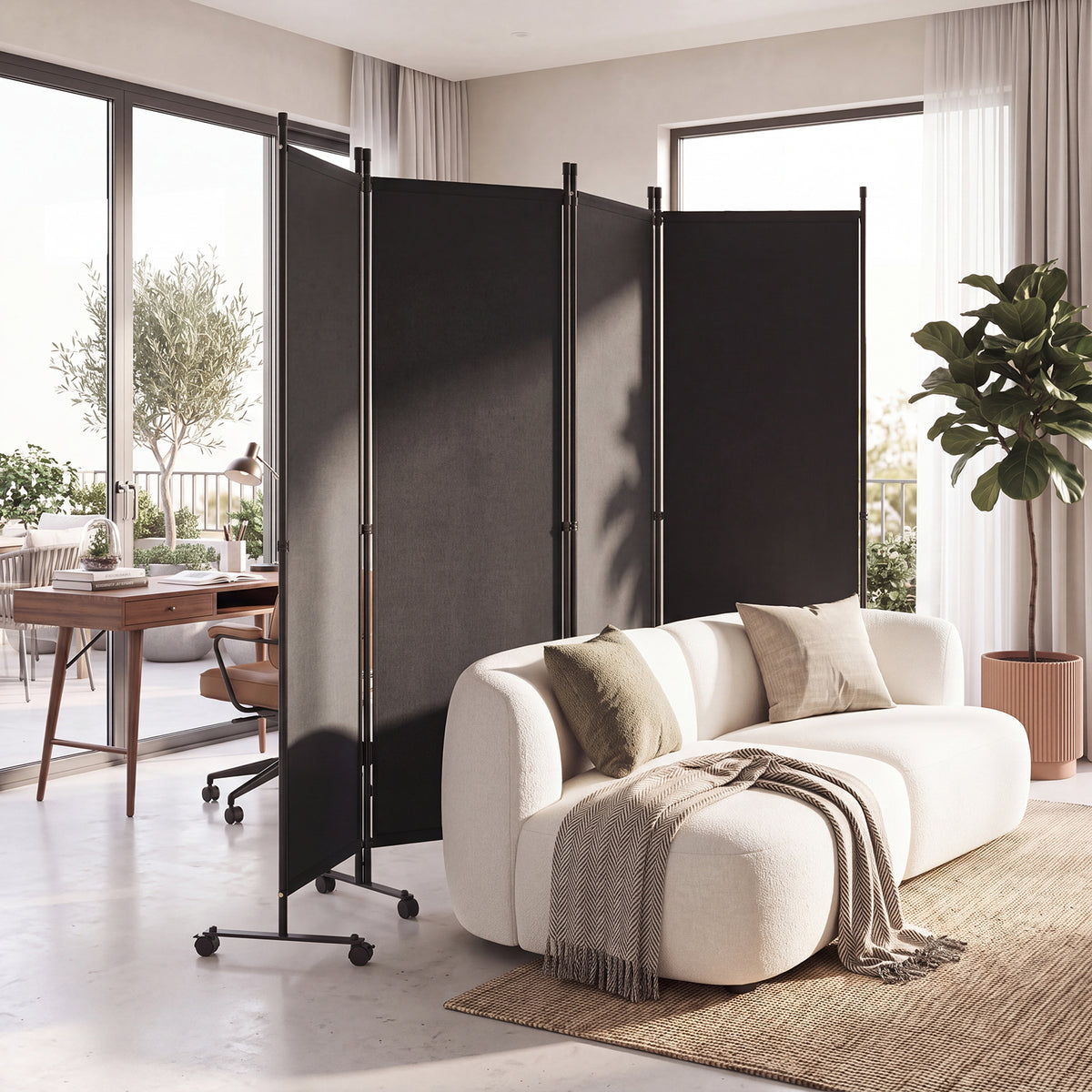 4 Panel Folding Room Divider, 6FT Rolling Privacy Screen with Lockable Wheels