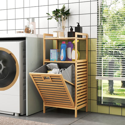 Tilt-out Laundry Hamper with 2-Tier Shelves, Bamboo Laundry Baskets Organizer with Removable & Foldable Fabric Liner