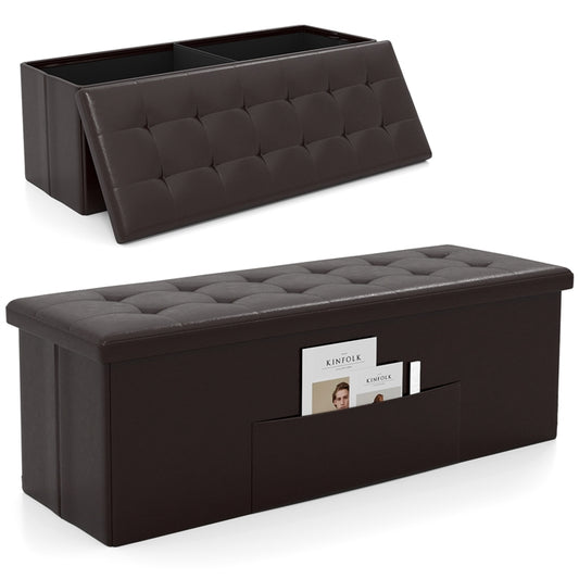 43 Inches Folding Storage Ottoman Bench, PU Leather End of Bed Bench with Padded Seat and Side Pocket