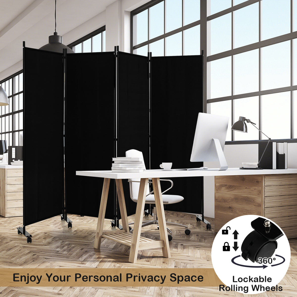 4 Panel Folding Room Divider, 6FT Rolling Privacy Screen with Lockable Wheels