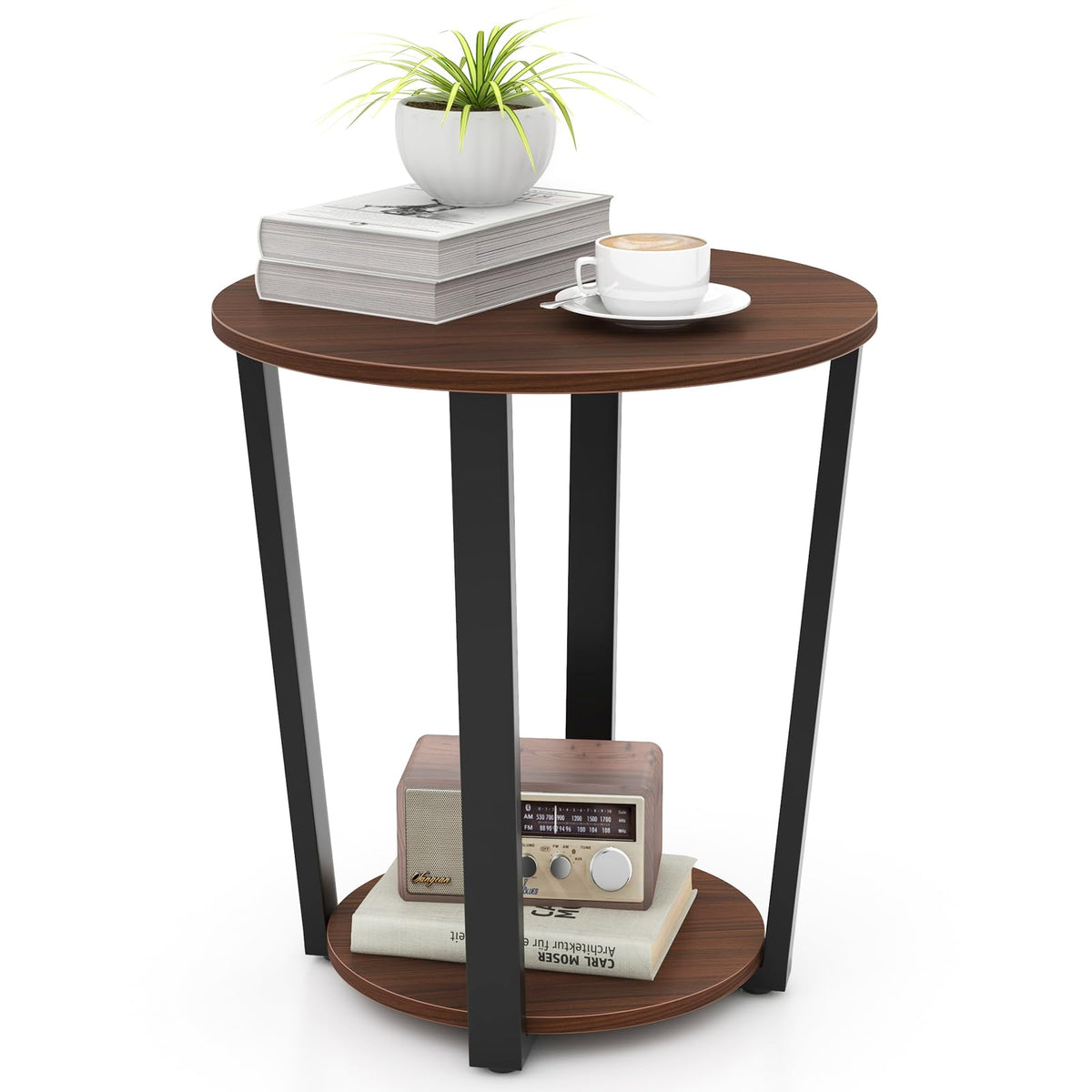 GOFLAME Round 2-Tier End Table with Storage Shelf Metal Frame for Bedroom Living Room