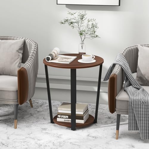 GOFLAME Round 2-Tier End Table with Storage Shelf Metal Frame for Bedroom Living Room