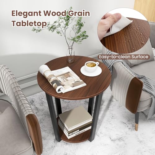 GOFLAME Round 2-Tier End Table with Storage Shelf Metal Frame for Bedroom Living Room