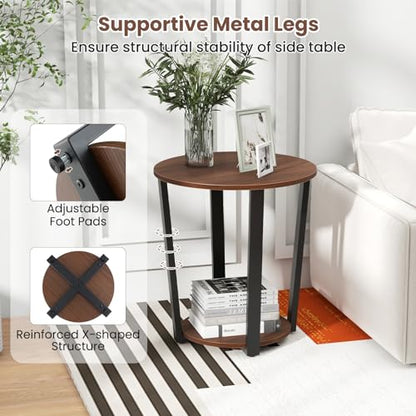 GOFLAME Round 2-Tier End Table with Storage Shelf Metal Frame for Bedroom Living Room