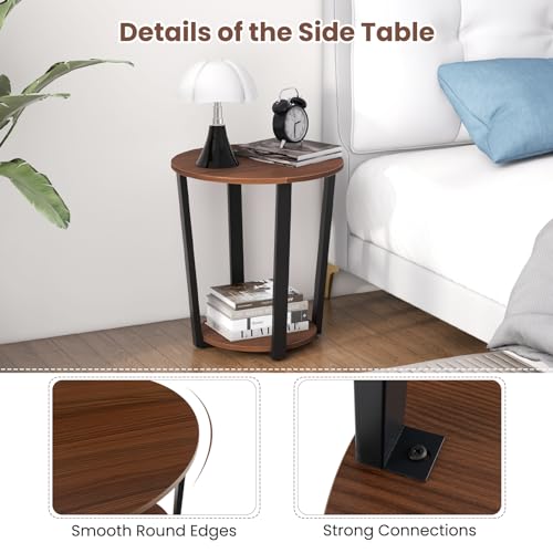 GOFLAME Round 2-Tier End Table with Storage Shelf Metal Frame for Bedroom Living Room