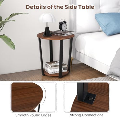 GOFLAME Round 2-Tier End Table with Storage Shelf Metal Frame for Bedroom Living Room