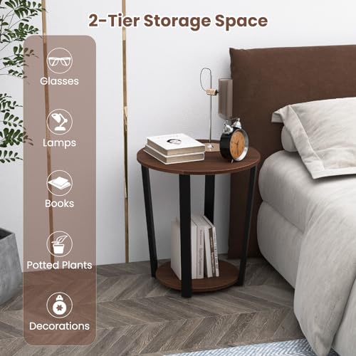 GOFLAME Round 2-Tier End Table with Storage Shelf Metal Frame for Bedroom Living Room