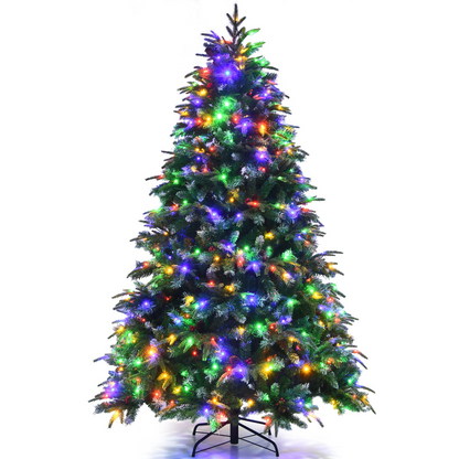 Goflame 7FT Pre-Lit Artificial Christmas Tree, Hinged Realistic Snowy Xmas Pine Tree W/ 450 Color Changing LED Lights, 11 Flash Modes - GoflameUS