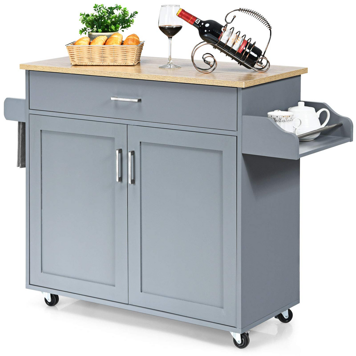 Goflame Kitchen Island, Rolling Kitchen Cart with Spice and Towel Rack, Large Drawer & 2-Door Storage Cabinet
