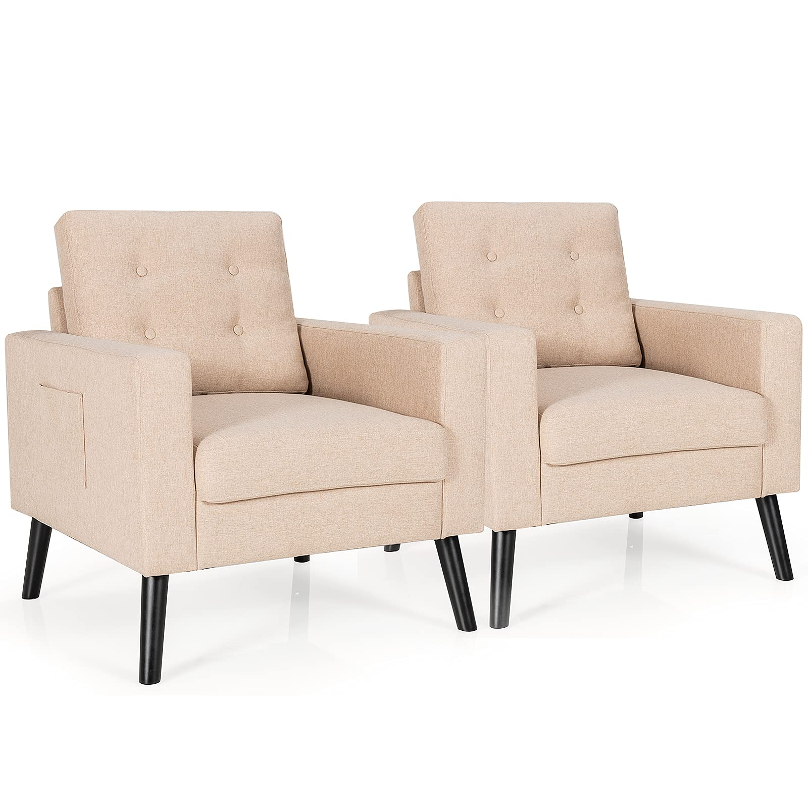 Linen Fabric Armchairs with Side Pockets and Wood Legs, Set of 2 - Goflame