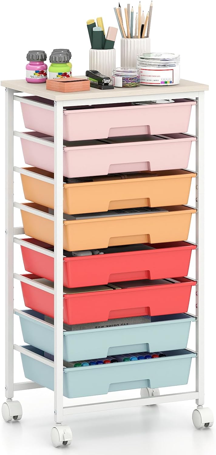 GOFLAME Rolling Storage Cart with Wooden Top, Macaron Color