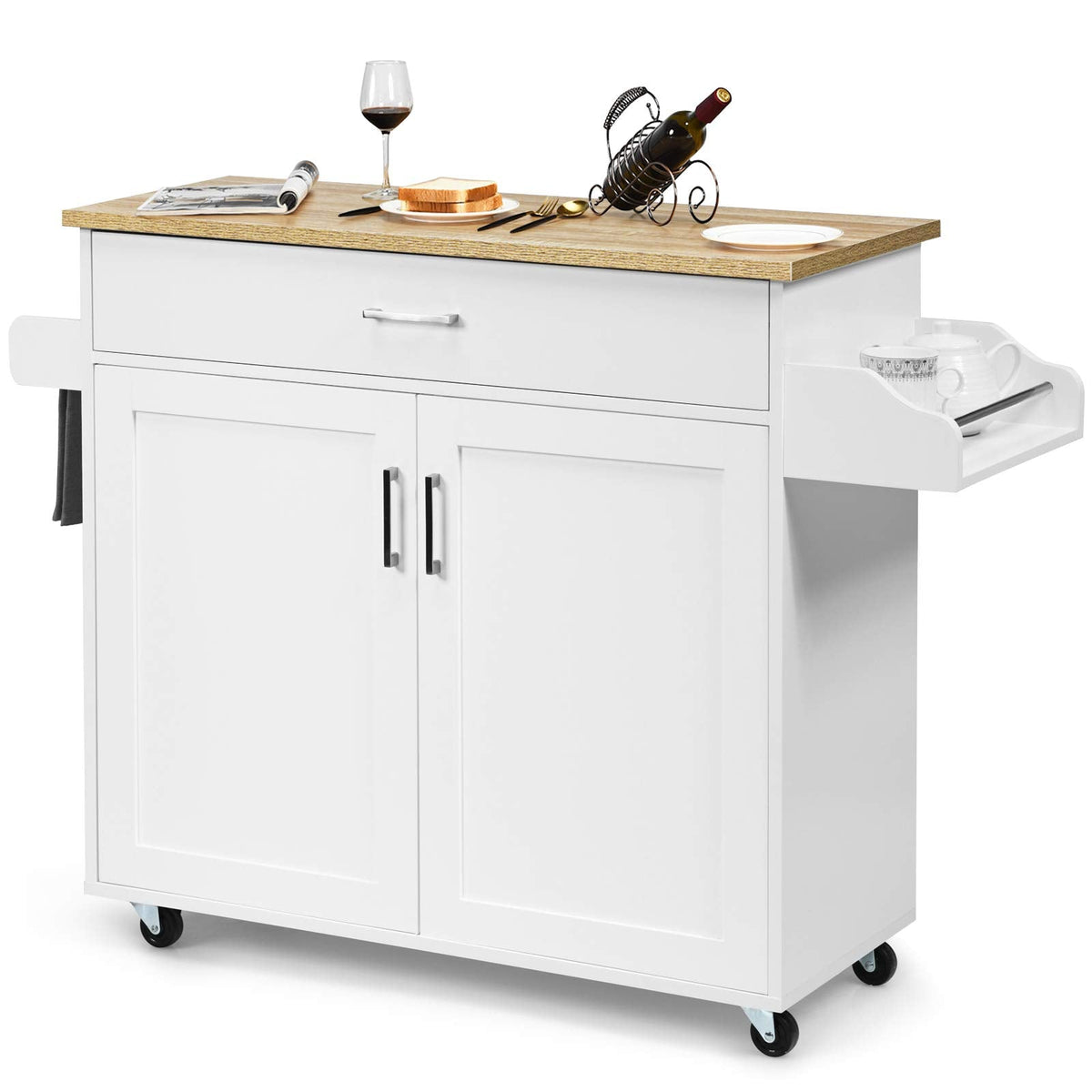 Goflame Kitchen Island, Rolling Kitchen Cart with Spice and Towel Rack, Large Drawer & 2-Door Storage Cabinet