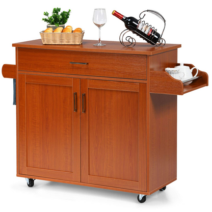 Goflame Kitchen Island, Rolling Kitchen Cart with Spice and Towel Rack, Large Drawer & 2-Door Storage Cabinet