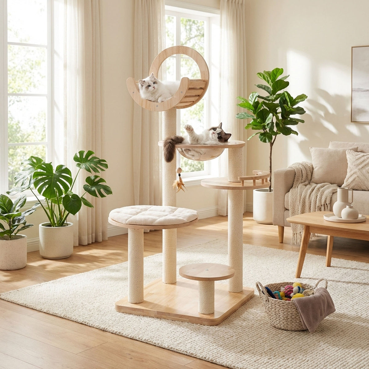 57" Solid Wood Cat Tree for Indoor Cats, Multi-Level Kitten Tower with Perch, Scratching Posts, Washable Cushions, 4 Setup Options Cat Climbing Activity Center