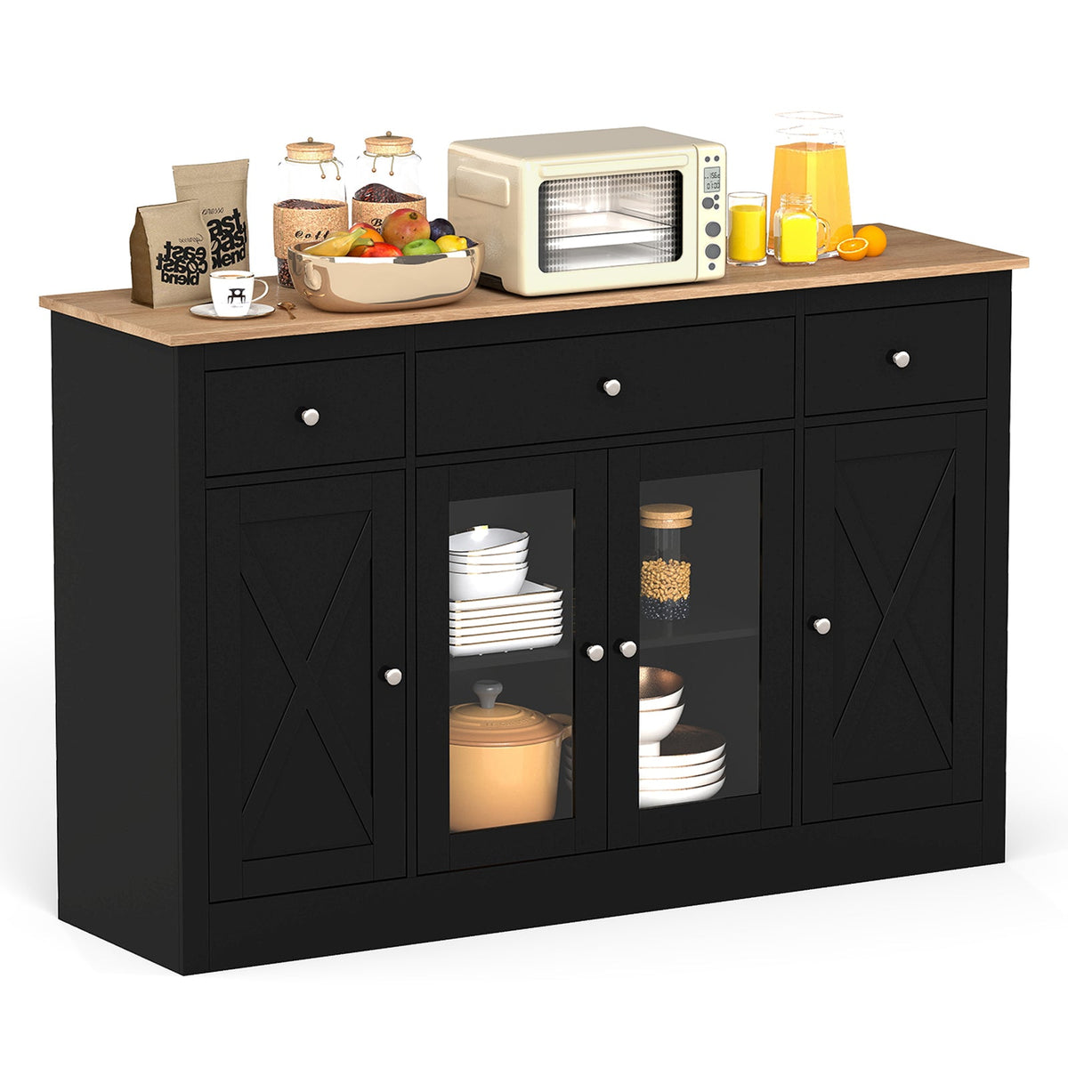 Goflame 55" Large Buffet Sideboard with 3 Drawers & 2 See-Through Doors
