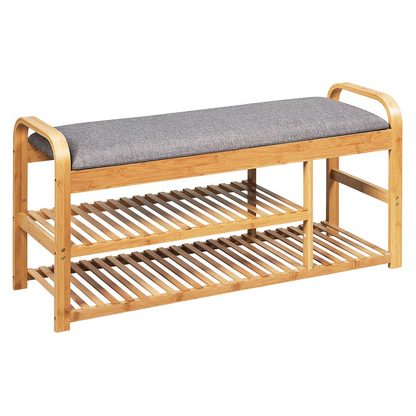 Goflame Shoe Rack Bench, Entryway 3-Tier Bamboo Shoe Organizer with Cushion (Natural and Grey)