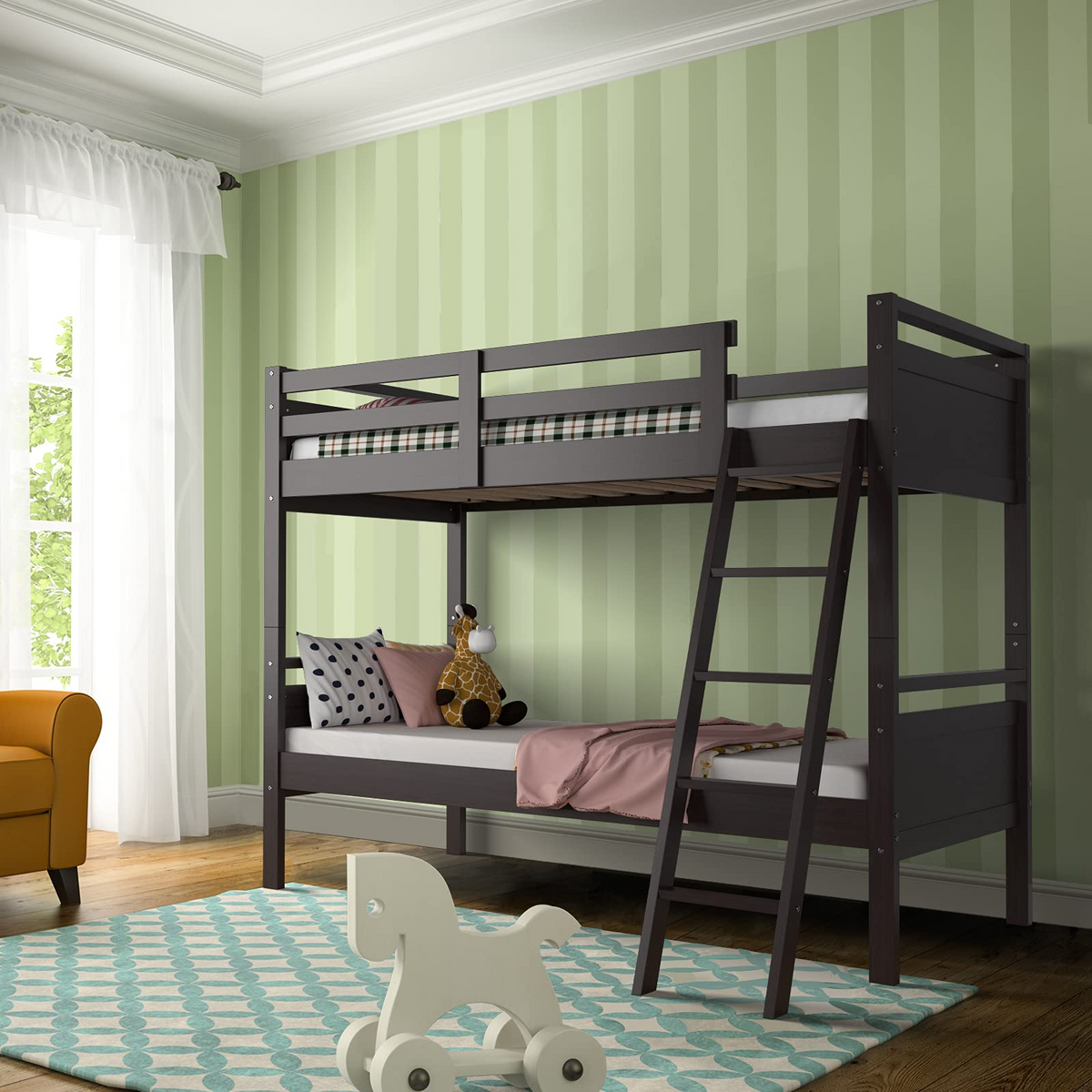 Goflame Twin Over Twin Bunk Bed, Solid Wood Twin Bunk Bed Convertible Into Two Individual Beds