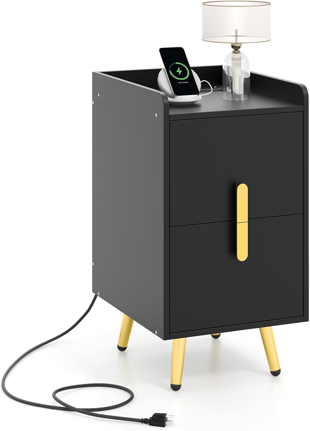 Goflame Nightstand with Charging Station, Narrow End Table with 2 Drawers & Metal Gold Legs