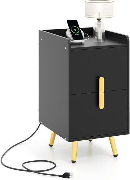 Goflame Nightstand with Charging Station, Narrow End Table with 2 Drawers & Metal Gold Legs