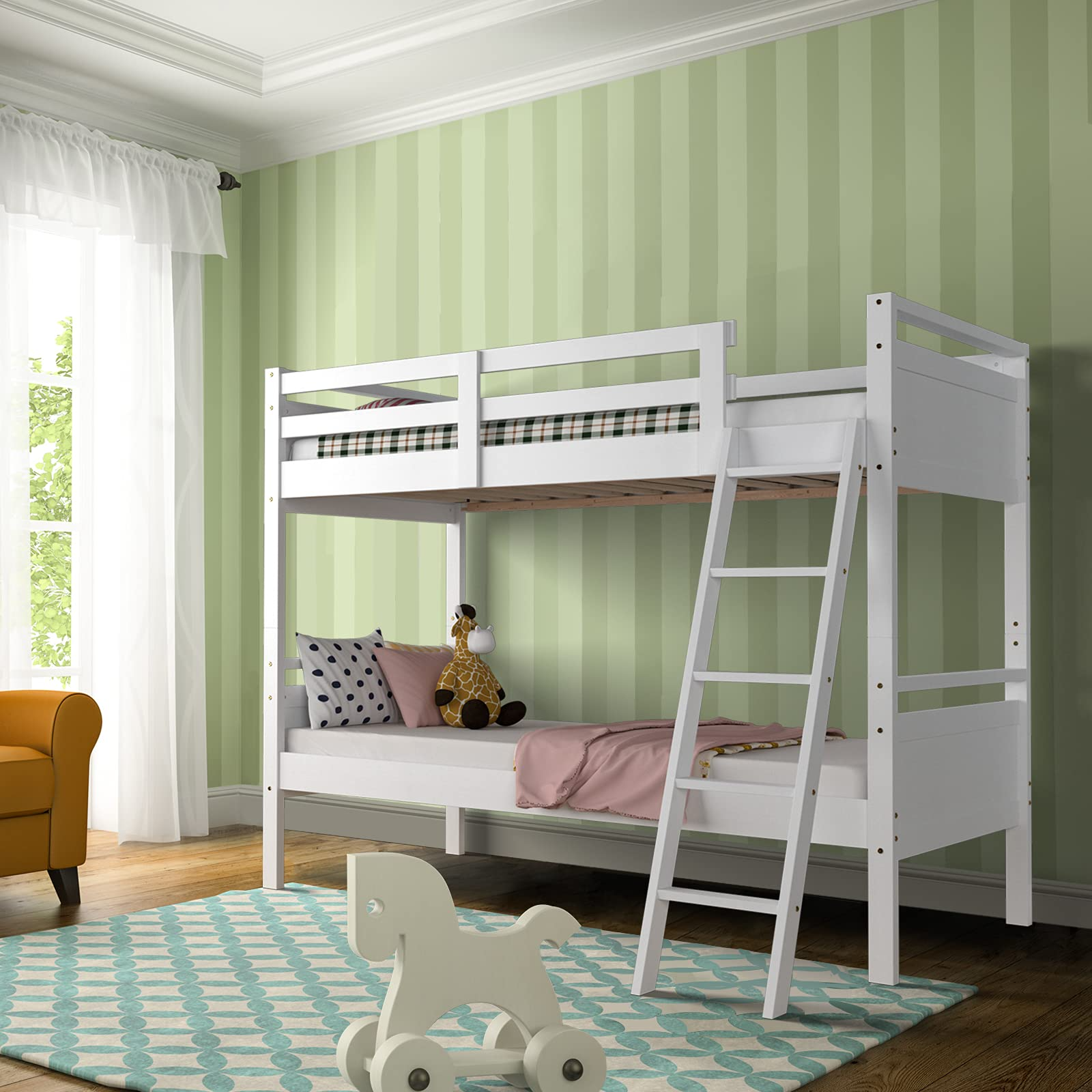 Goflame Twin Over Twin Bunk Bed, Solid Wood Twin Bunk Bed Convertible Into Two Individual Beds
