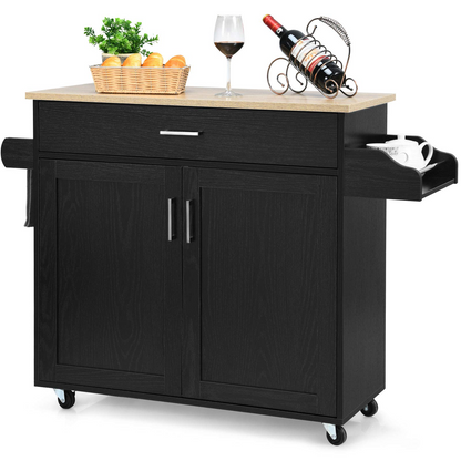 Goflame Kitchen Island, Rolling Kitchen Cart with Spice and Towel Rack, Large Drawer & 2-Door Storage Cabinet