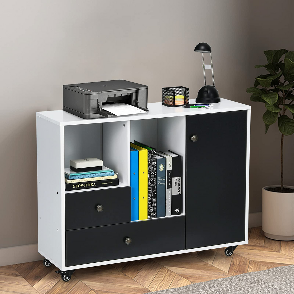 Goflame Lateral File Cabinet 2 Drawer Printer Stand, Rolling Storage Office Cabinet with Lockable Wheels