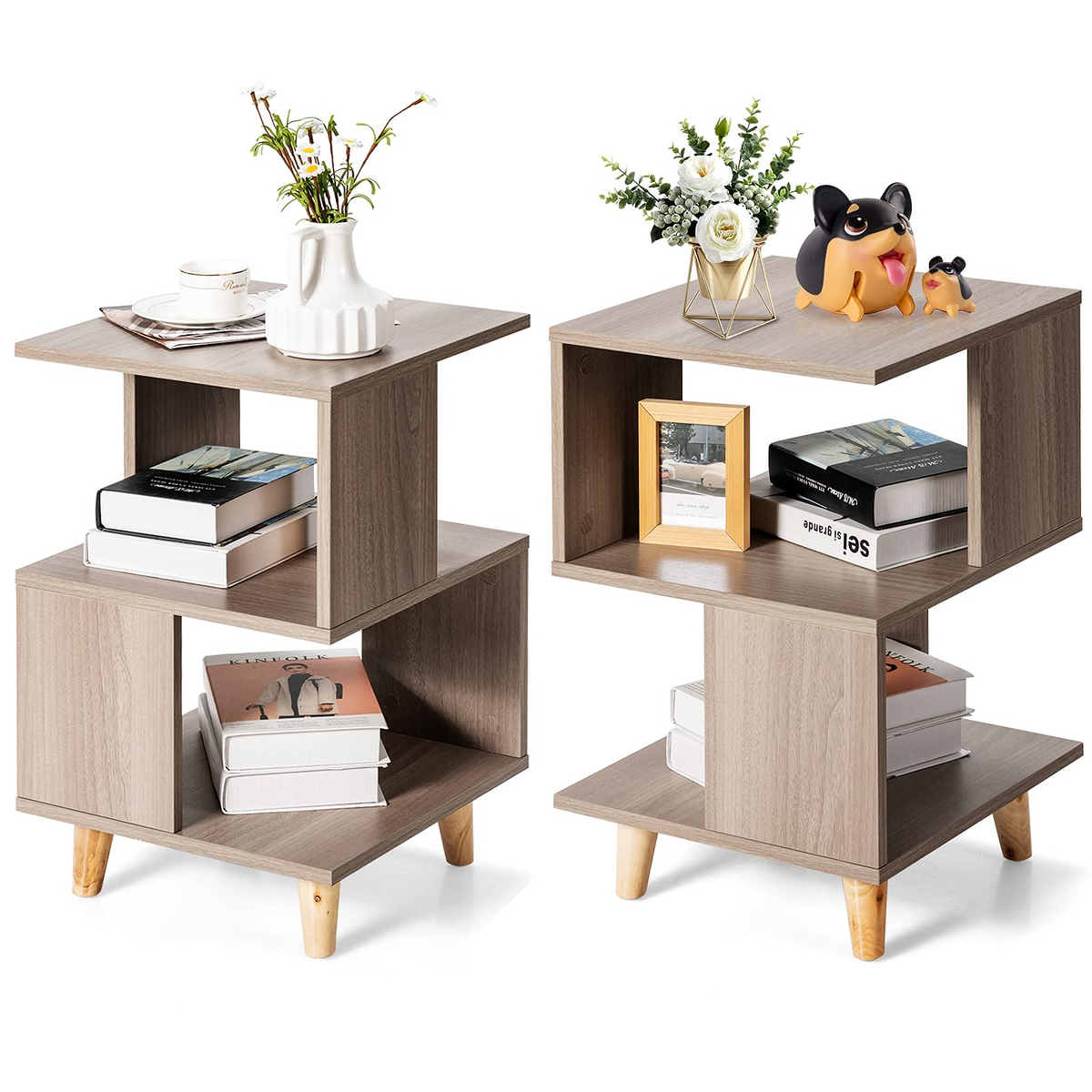 Goflame Set of 2 End Table, Wood Nightstand with Legs (Natural)