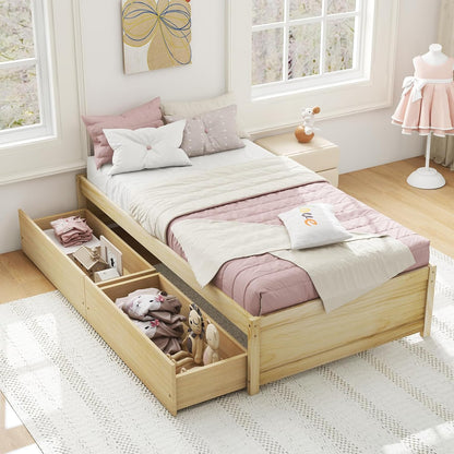 Goflame Queen/Full/Twin Size Bed Frame with 2 Storage Drawers, Solid Wood Platform Bed with Slats Support