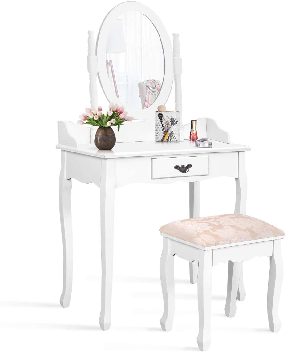 Vanity Table Set with Oval Mirror and Soft Cushioned Stool, Sturdy Wood Dressing Table with Drawers Storage Shelf