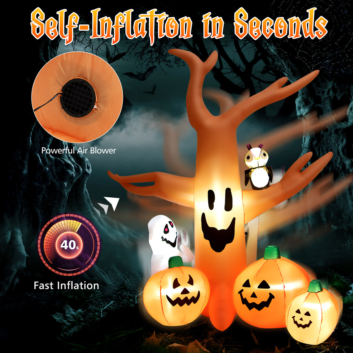 8 FT Halloween Inflatable Dead Tree with Pumpkins, Ghost and Owl, Blow up Yard Scary Tree with Bright LED Lights