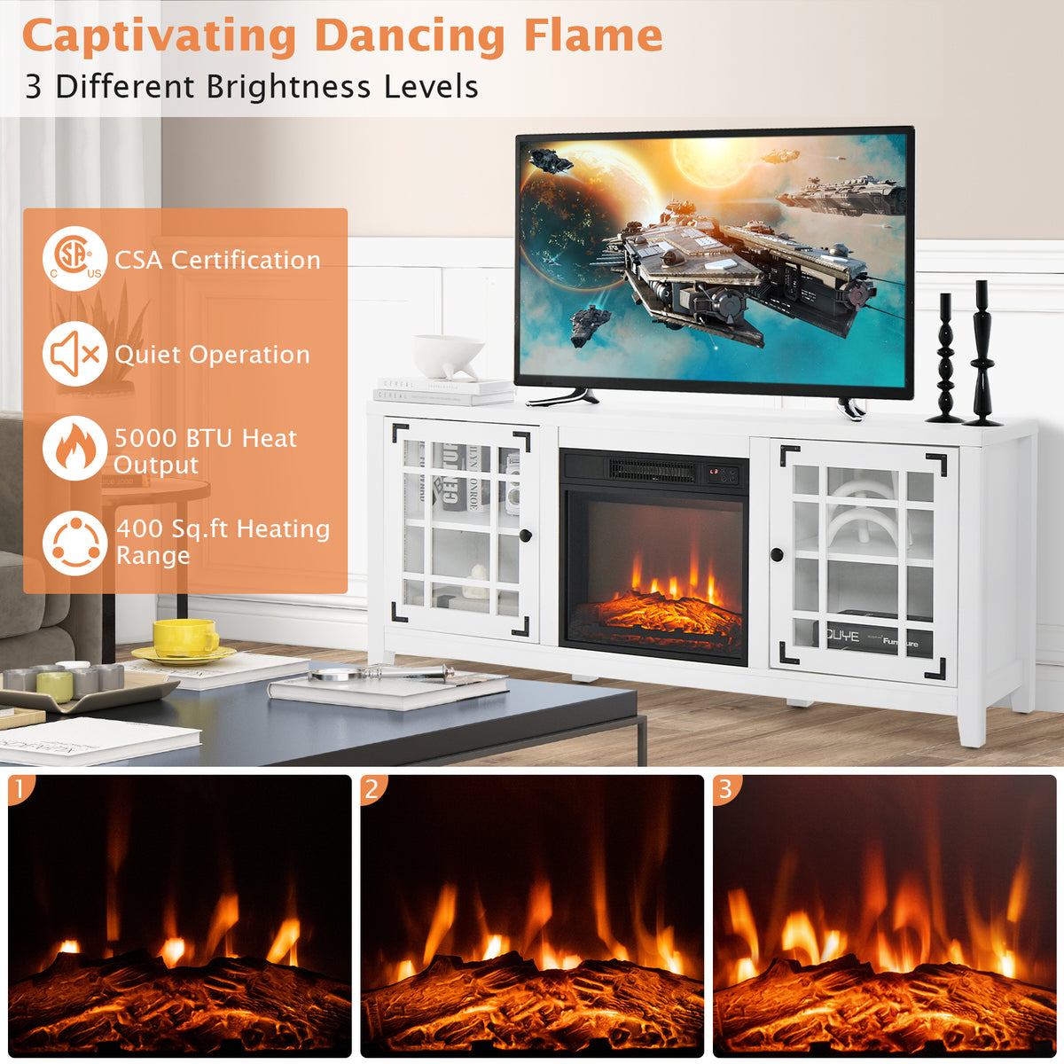 58" Fireplace TV Stand for TVs up to 65 Inches, Wooden TV Console with 18” Electric Fireplace Insert