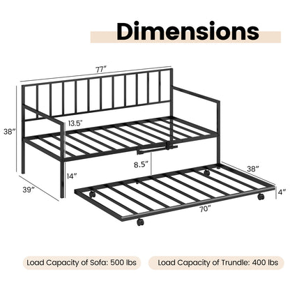 Daybed with Trundle Twin Size, Space-Saving Sofa Bed Frame with Rolling Pull-Out Bed