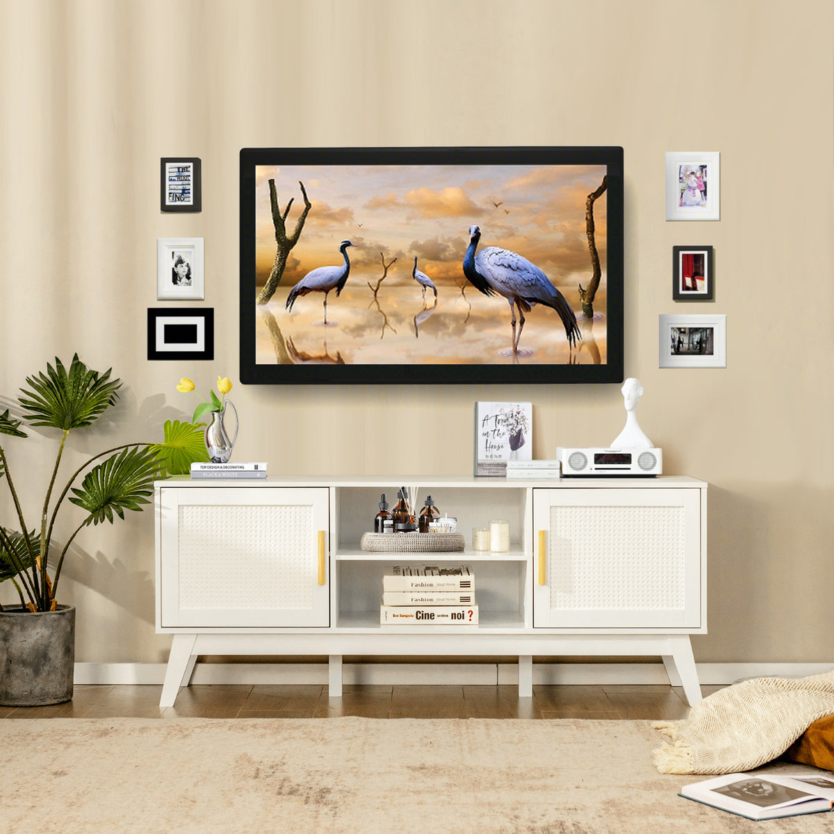 Rattan TV Stand for TVs up to 65 Inch, Modern Entertainment Center with Storage Cabinet