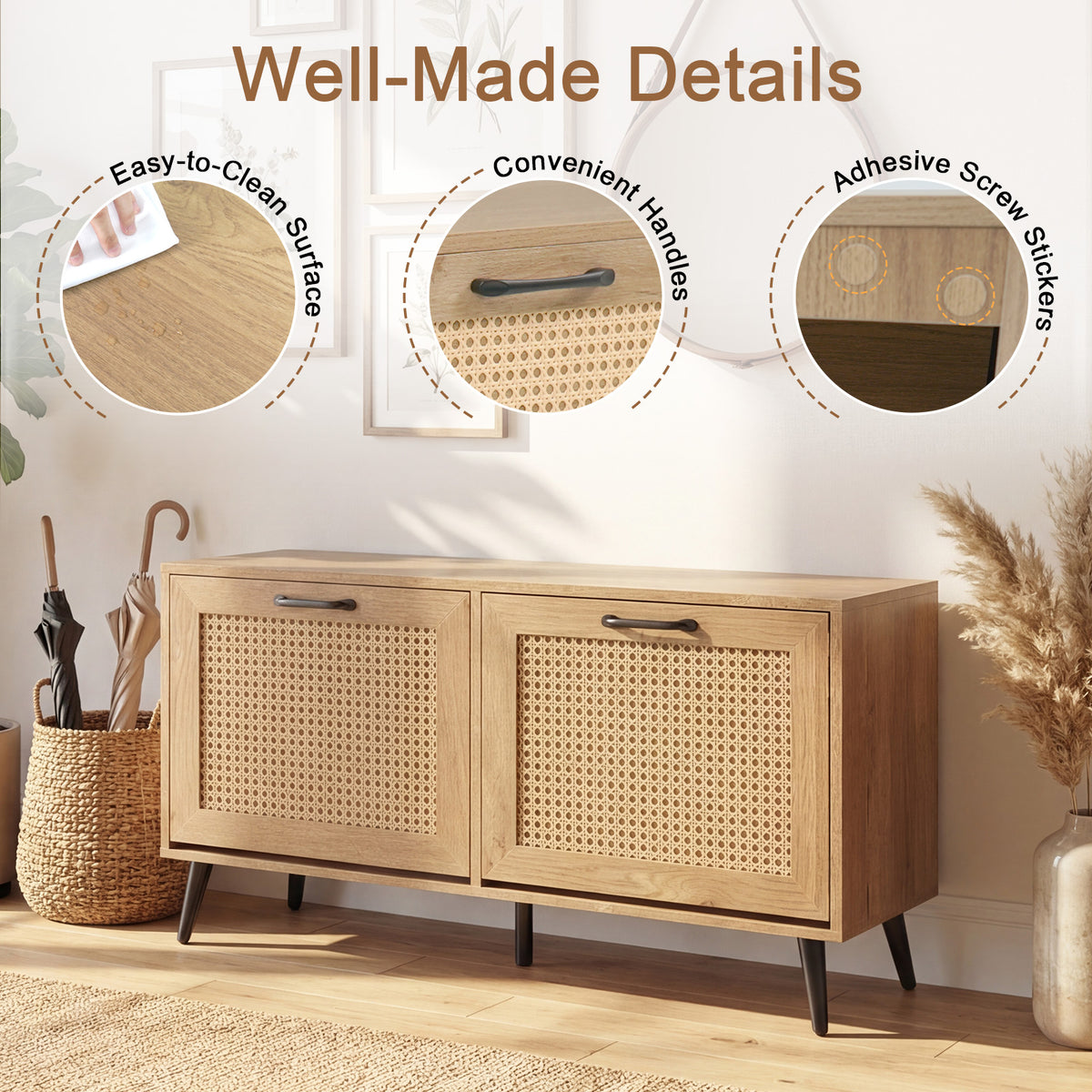 Rattan Shoe Storage Cabinet with 2 Flip Drawers, Hidden Shoe Storage Organizer with Adjustable Shelves and Metal Legs