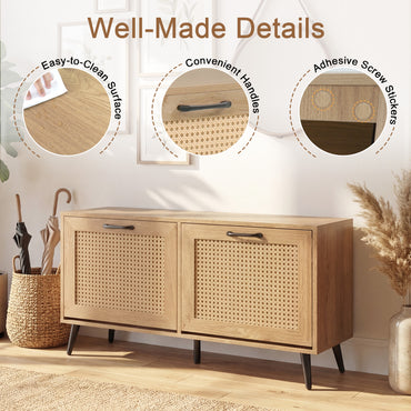 Rattan Shoe Storage Cabinet with 2 Flip Drawers, Hidden Shoe Storage Organizer with Adjustable Shelves and Metal Legs