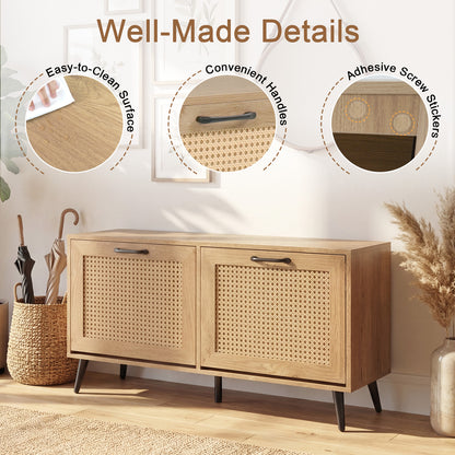 Rattan Shoe Storage Cabinet with 2 Flip Drawers, Hidden Shoe Storage Organizer with Adjustable Shelves and Metal Legs