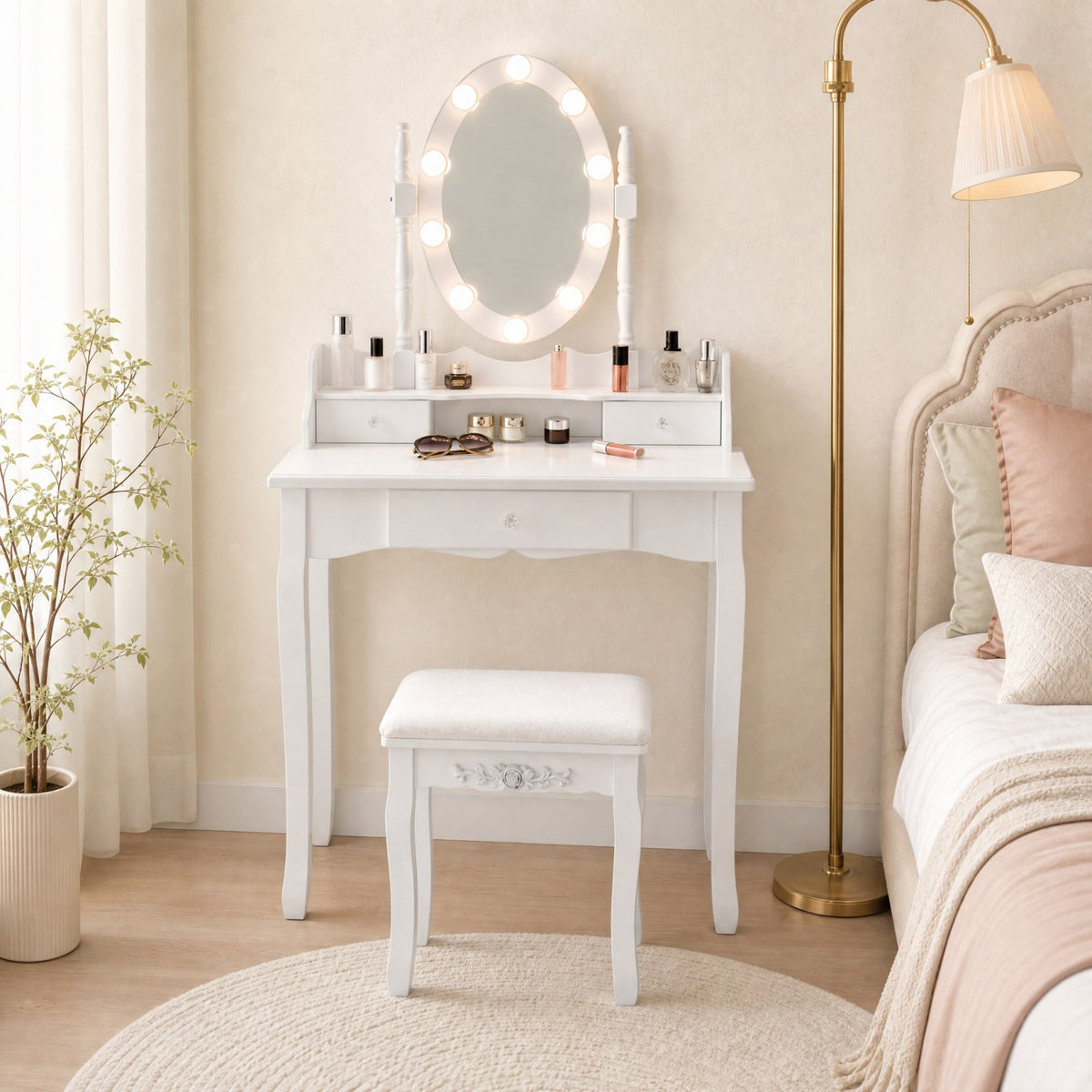 Vanity Table Set with Rotatable Mirror, Makeup Vanity Desk with 3-Color Dimmable LED Lights