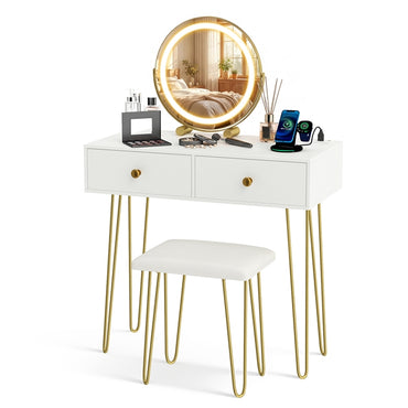 Vanity Desk with Mirror & Charging Station, Dressing Table with 2 Drawers