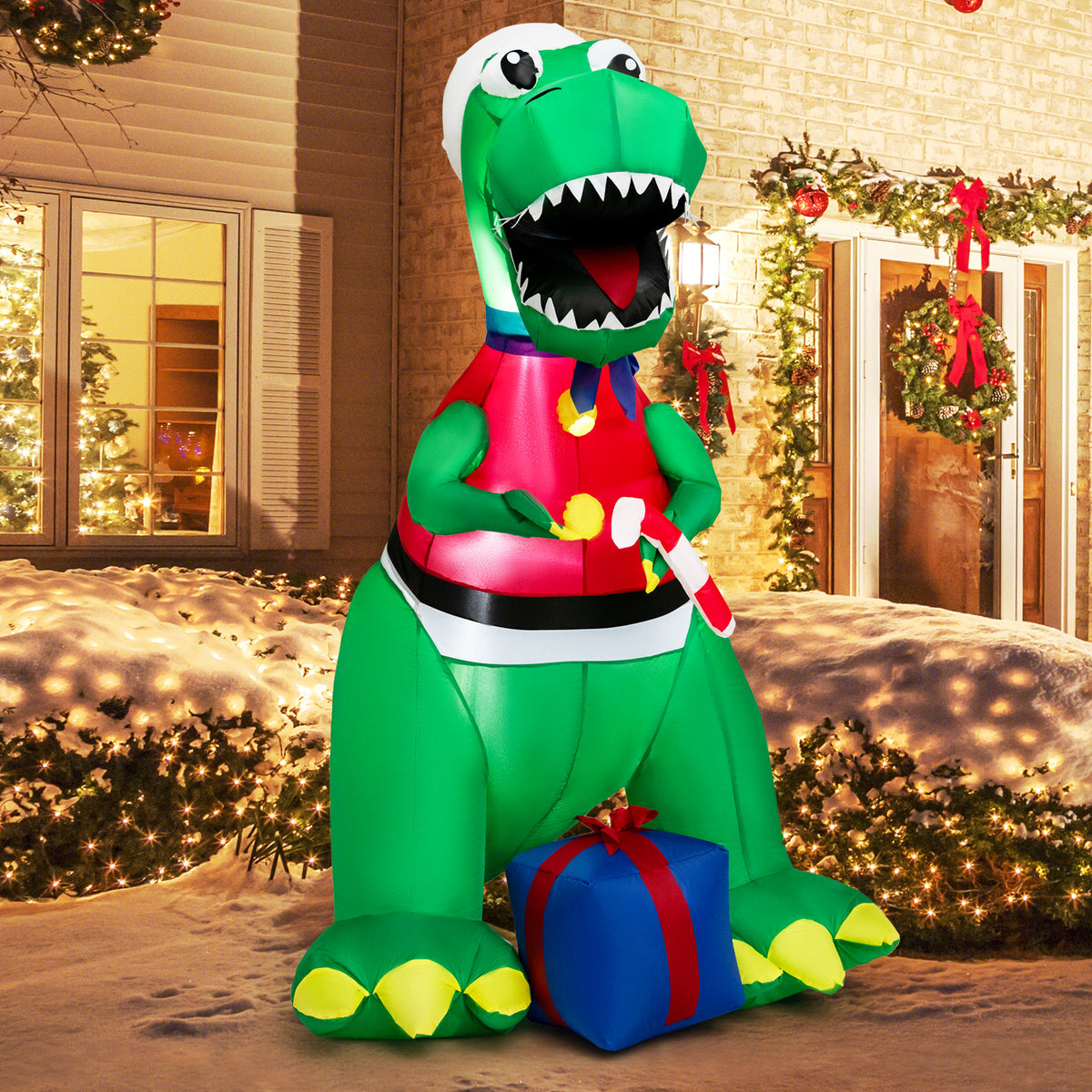 6 FT Christmas Inflatable Dinosaur with Gift, Blow Up Xmas Decoration with LED Lights