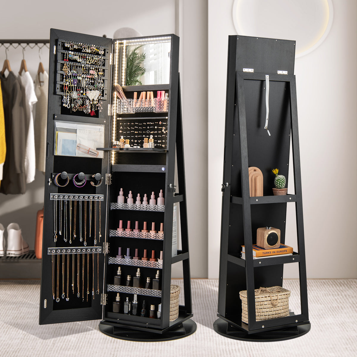 360° Swivel Jewelry Cabinet Armoire with Full Length Mirror, Standing Jewelry Storage Organizer with Rear Storage Shelves
