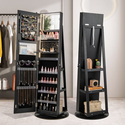 360° Swivel Jewelry Cabinet Armoire with Full Length Mirror, Standing Jewelry Storage Organizer with Rear Storage Shelves