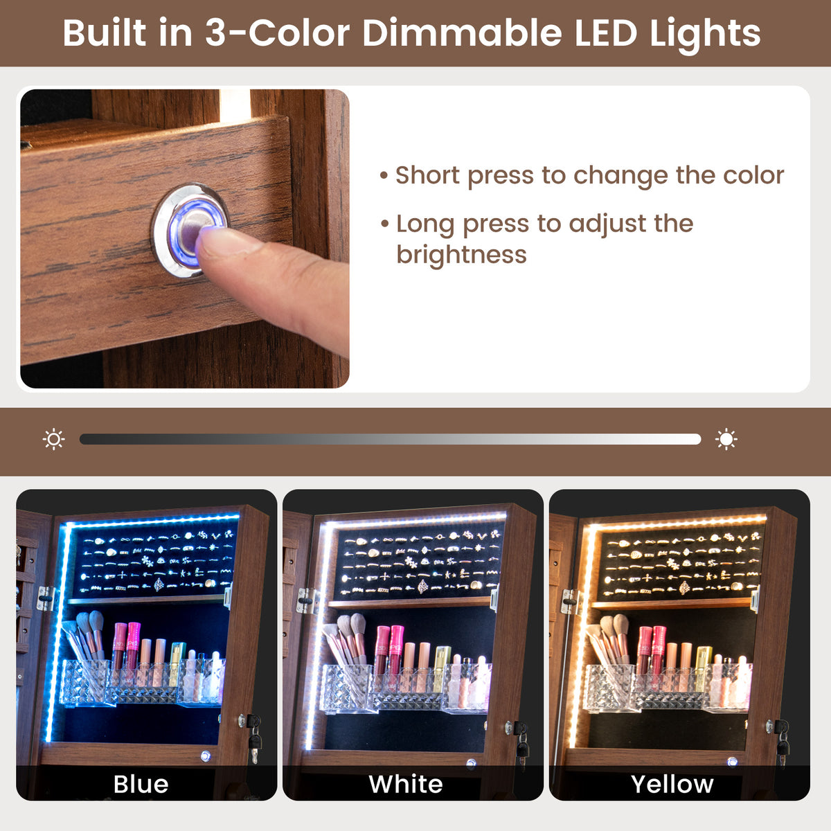 Jewelry Cabinet Armoire with Full Length Mirror, Freestanding Jewelry Cabinet with 3-Color LED Lights
